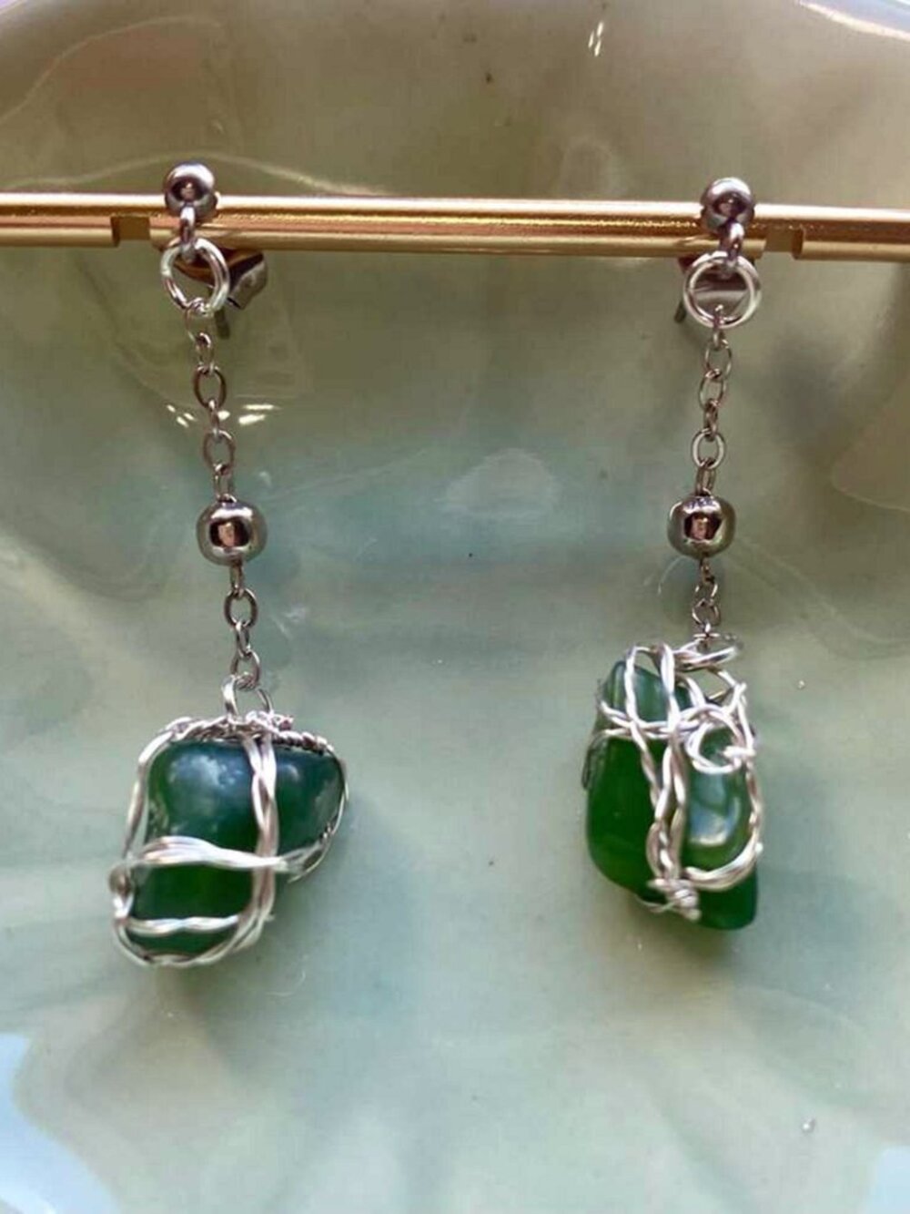 Bohemian Green Rough Crystal Drop Earrings Silver Wire Wrapped Chain Dangles
